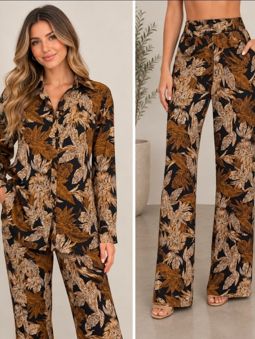 PrettyLittleThing Black and Brown Leaf Print Trousers And Blouse - Size 4